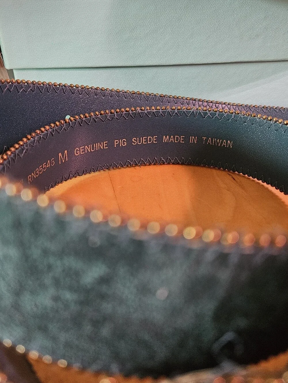 Vintage Belt Teal Velvet Leather Suede Beaded Large Round Buckle Sostanza